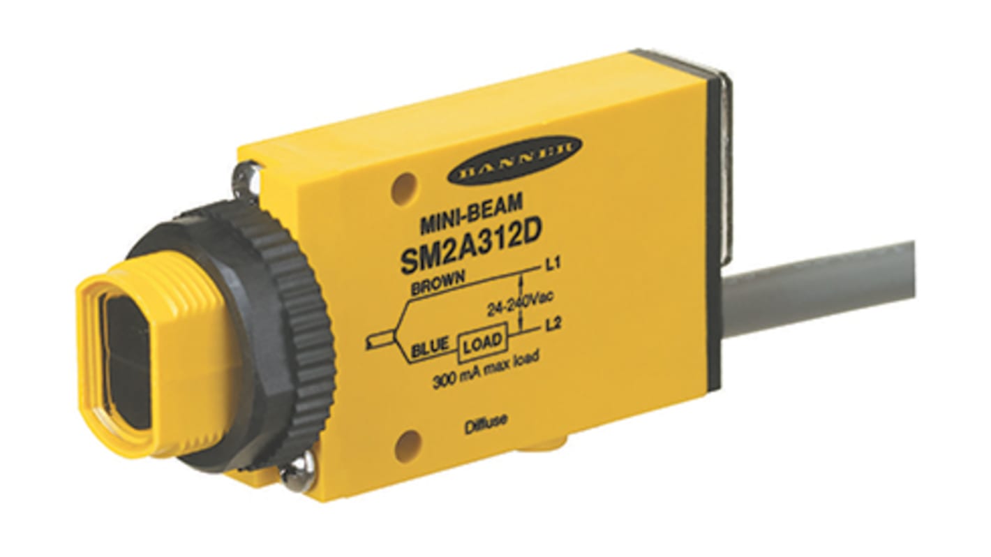 Sensore fotoelettrico rettangolare Banner SM2A312D, rilevamento 380 mm, uscita relè, IP67, temperatura -20/+70 °C. Montaggio con cilindretto filettato.