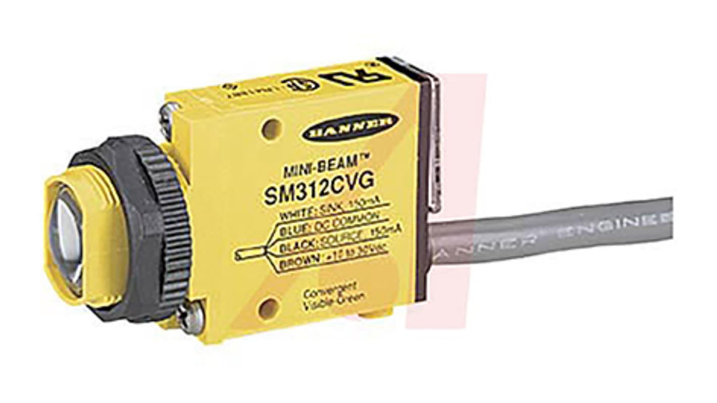 Sensore fotoelettrico rettangolare Banner SM312CV, rilevamento 16 mm, uscita NPN/PNP, grado di protezione IP67.