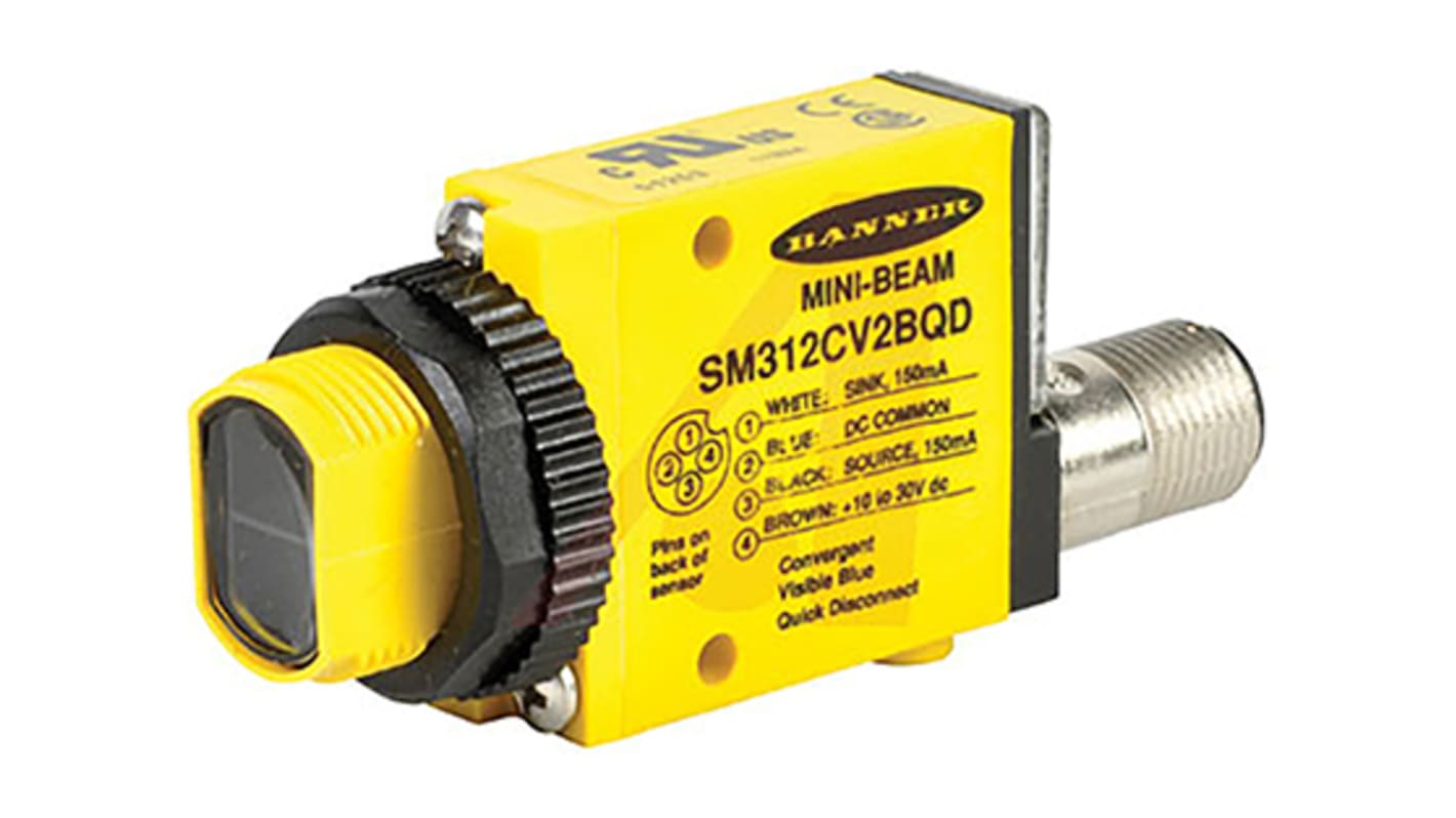 Sensore fotoelettrico rettangolare Banner SM312CV2MHSQD, rilevamento 43 mm, uscita NPN/PNP, IP67, montaggio a nasello o vite M18.