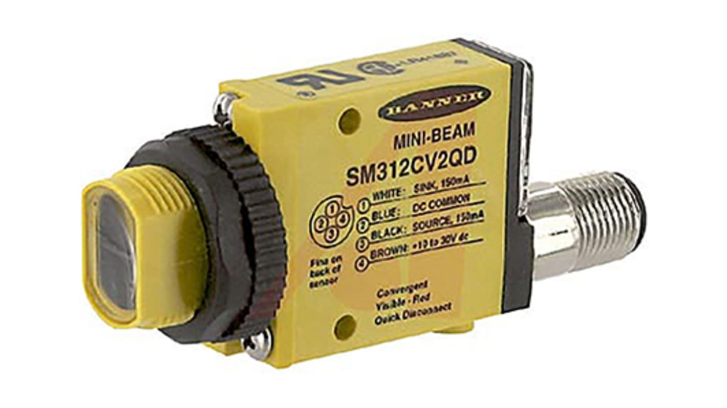 Sensore fotoelettrico rettangolare Banner SM312CV2QD, rilevamento 43 mm, uscita NPN/PNP, grado di protezione IP67. Montaggio a nasello o vite M18.