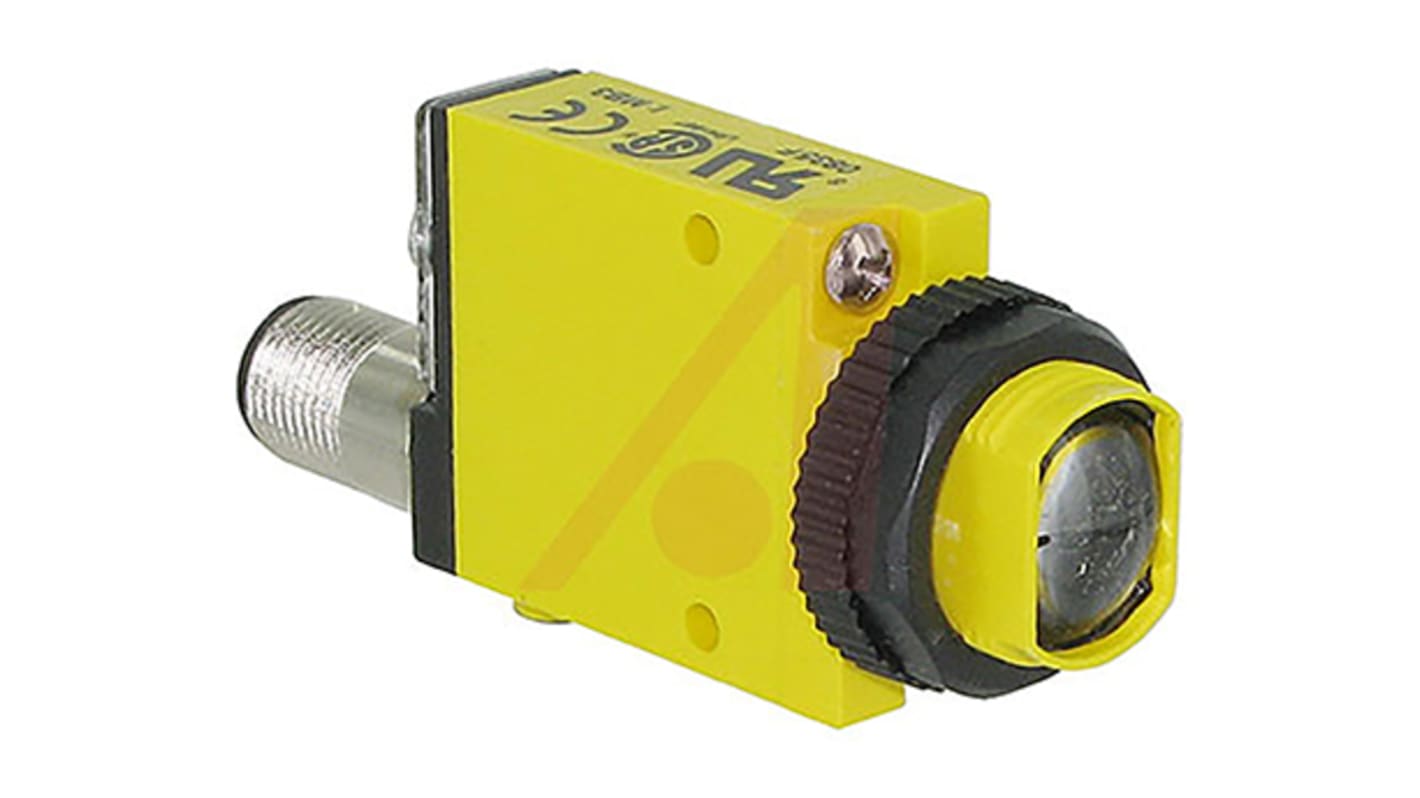 Sensore fotoelettrico rettangolare Banner SM312CVQD, rilevamento 16 mm, uscita NPN/PNP, IP67, montaggio a vite M18.