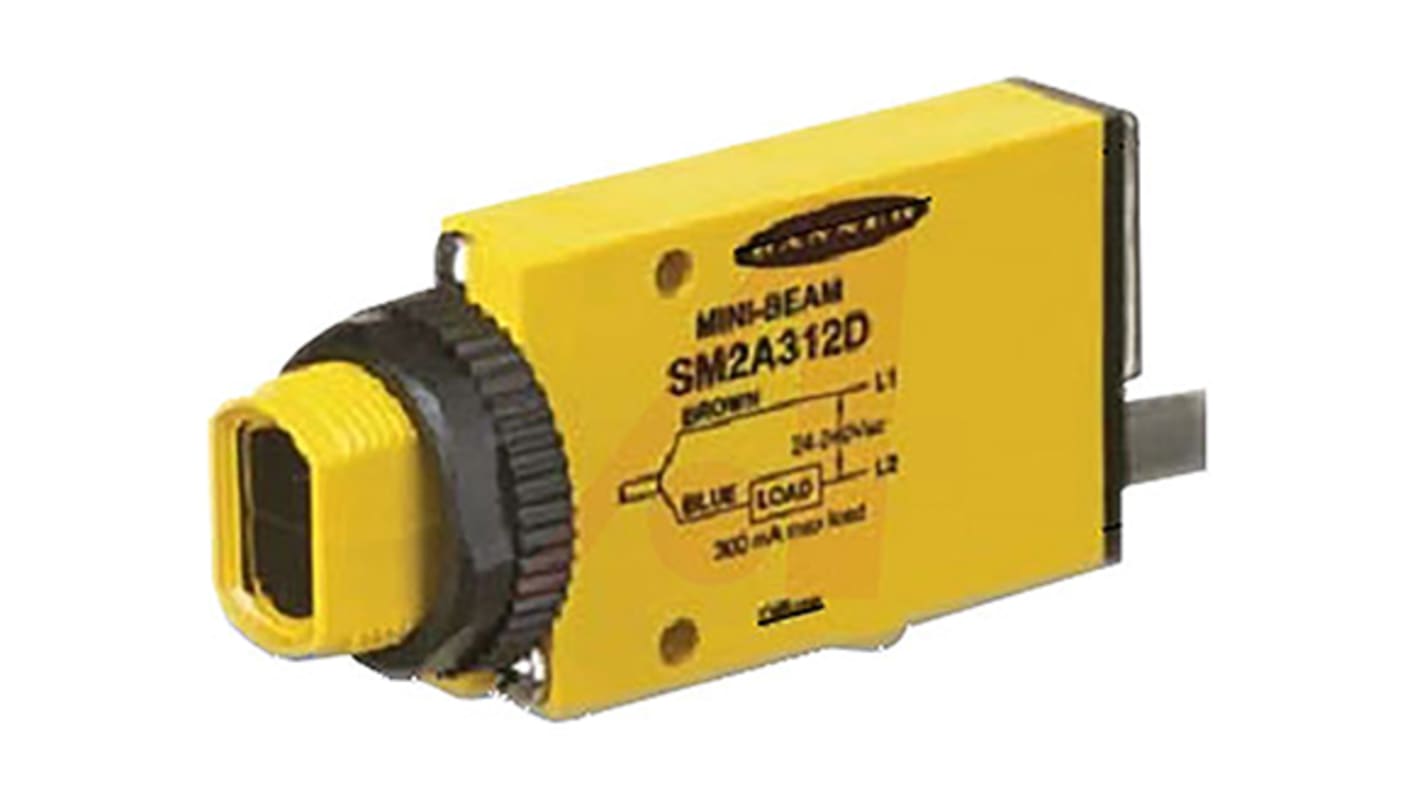 Sensore fotoelettrico rettangolare Banner SM312LVAG, riflessione, rilevamento 55 mm a 2 m, montaggio a nasello, IP67.