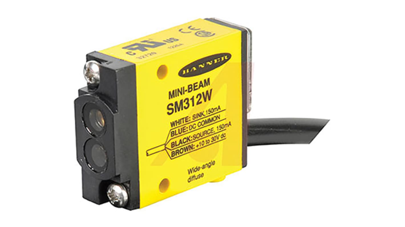 Sensore fotoelettrico rettangolare Banner SM312W, rilevamento 130 mm, uscita NPN/PNP, grado di protezione IP67.