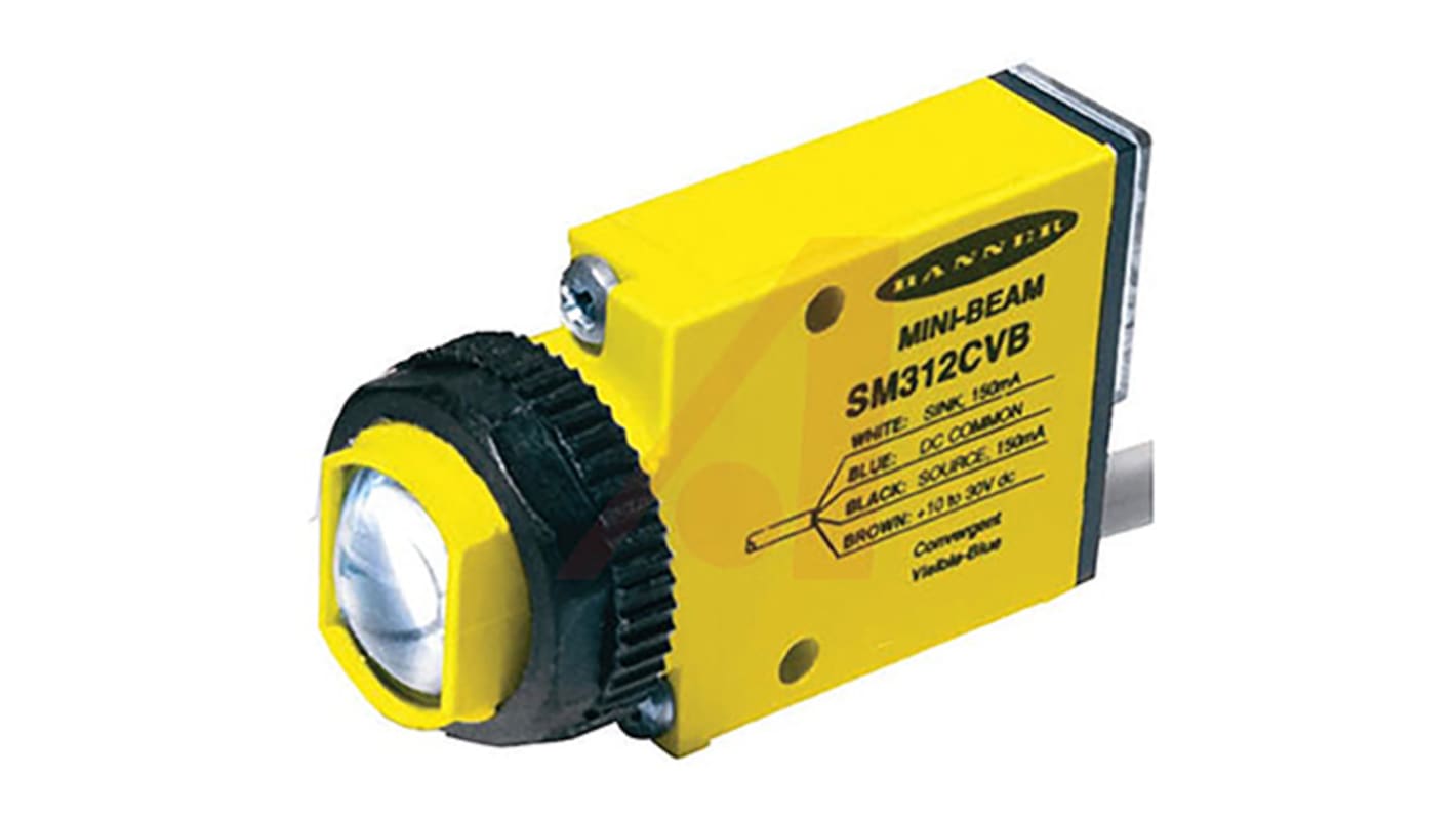 Banner SM31E, sensore fotoelettrico rettangolare con rilevamento fino a 3 m, uscita NPN/PNP, IP67, montaggio frontale.