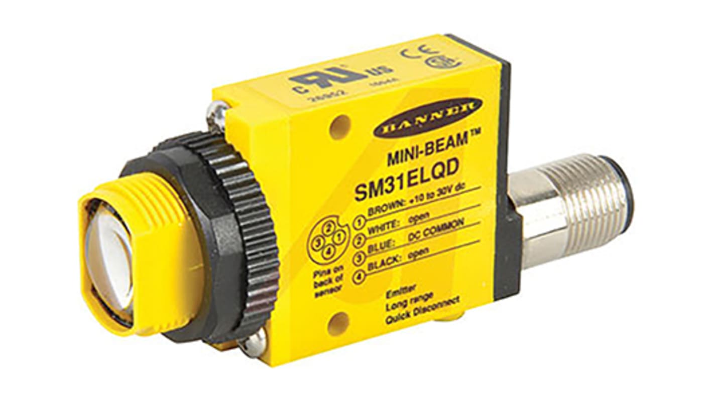 Sensore fotoelettrico rettangolare Banner SM31ELQD, rilevamento fino a 30 m, uscita NPN/PNP, grado di protezione IP67.