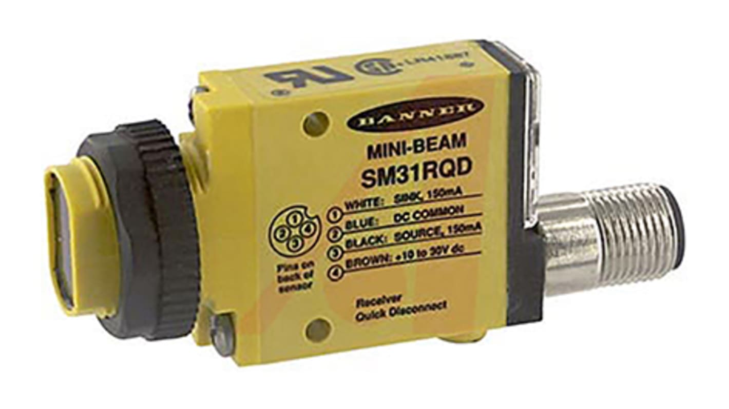 Sensore fotoelettrico rettangolare Banner SM31RQD, rilevamento fino a 3 m, uscita NPN/PNP, grado di protezione IP67.