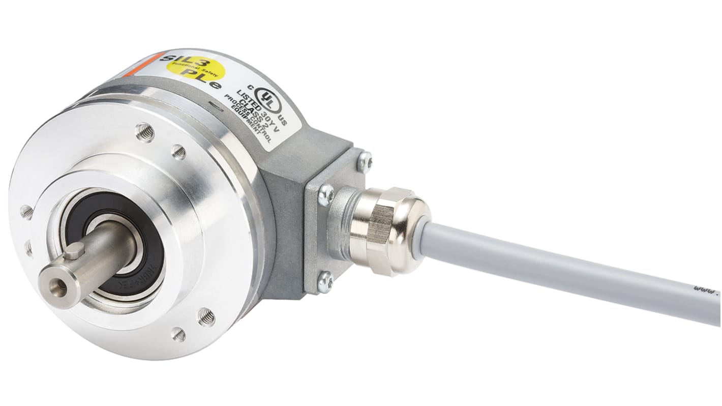 Encoder assoluto Kübler 8.5853FS2.1A44.G323, 2048 impulsi, albero 10mm, interfaccia SSI, grado di protezione IP65.