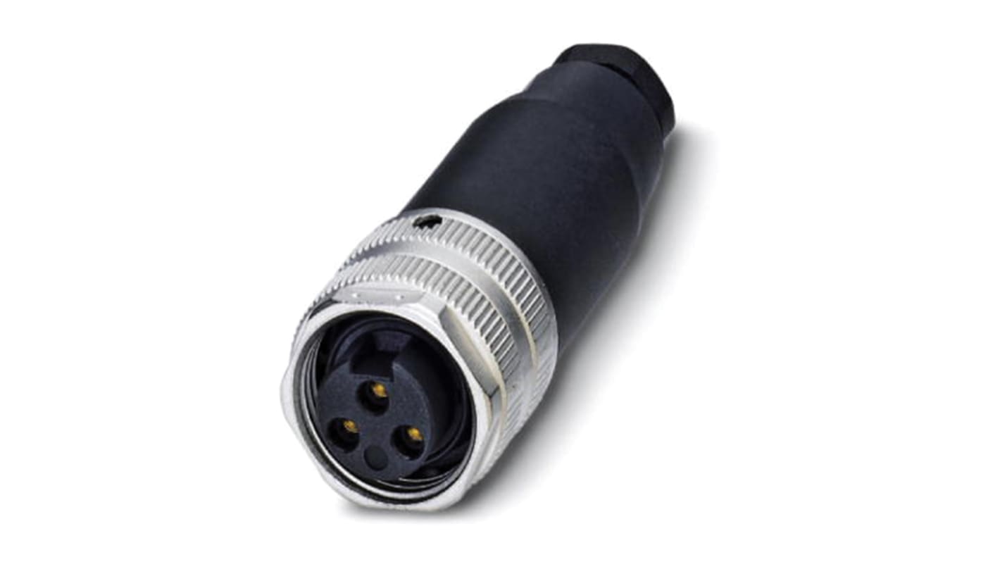 Connettore circolare femmina diritto 3 posizioni, 7/8"-UNF, codifica A. Materiale zigrinato in zinco pressofuso, nichelato. PG9 pressacavo per cavi da 6-8 mm. Phoenix Contact 1521300.