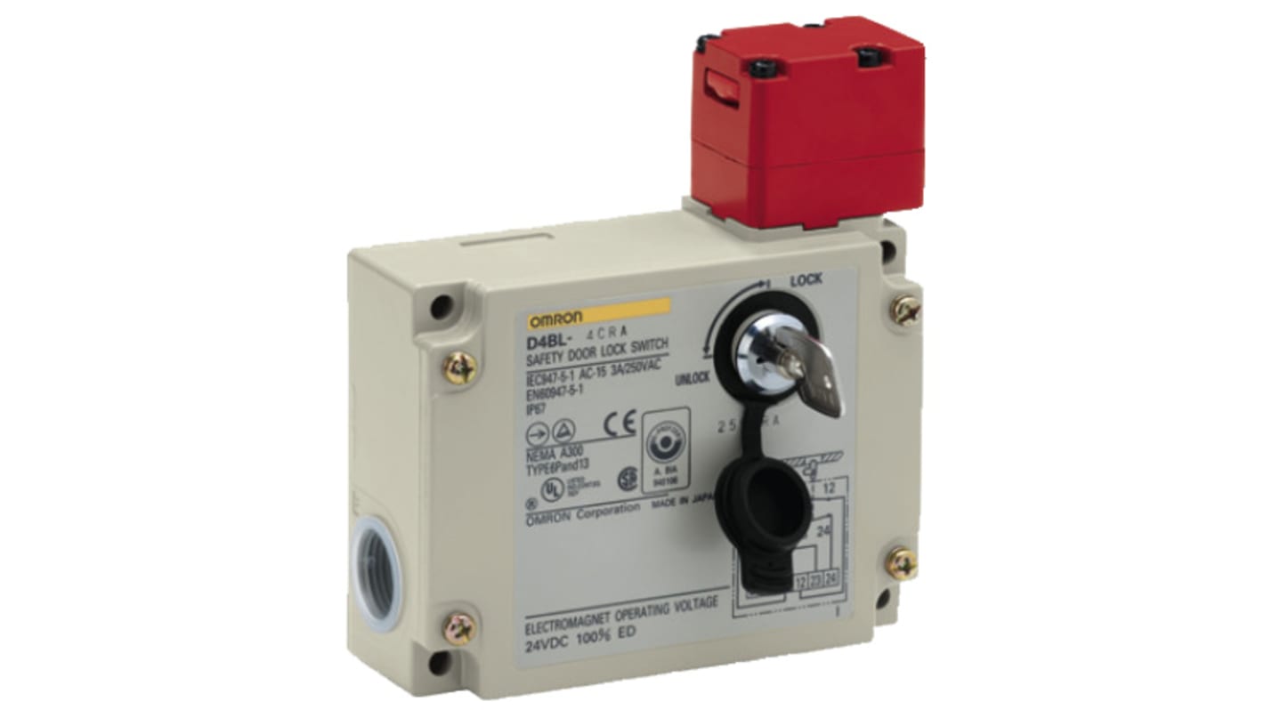 Interruttore di sicurezza Omron D4BL-2DRA, 24V cc, contatti 2NC. Blocco meccanico e rilascio solenoide, certificato IP67, UL e CSA. Ideale per sicurezza industriale.
