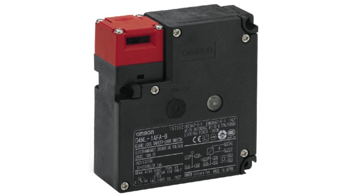 Interruttore di interblocco a solenoide Omron D4NL-2EFA-B, 24V cc, IP67, con quattro contatti e montaggio versatile. Dimensioni 179.5mm x 39mm x 39mm.