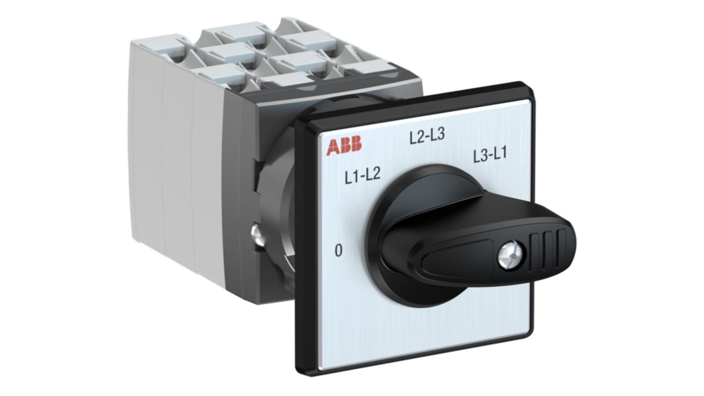 Interruttore cam ABB 3PST, 7 posizioni, corrente 25A, montaggio su guida DIN, dimensioni 51 x 51 x 107 mm, grado di protezione IP20.