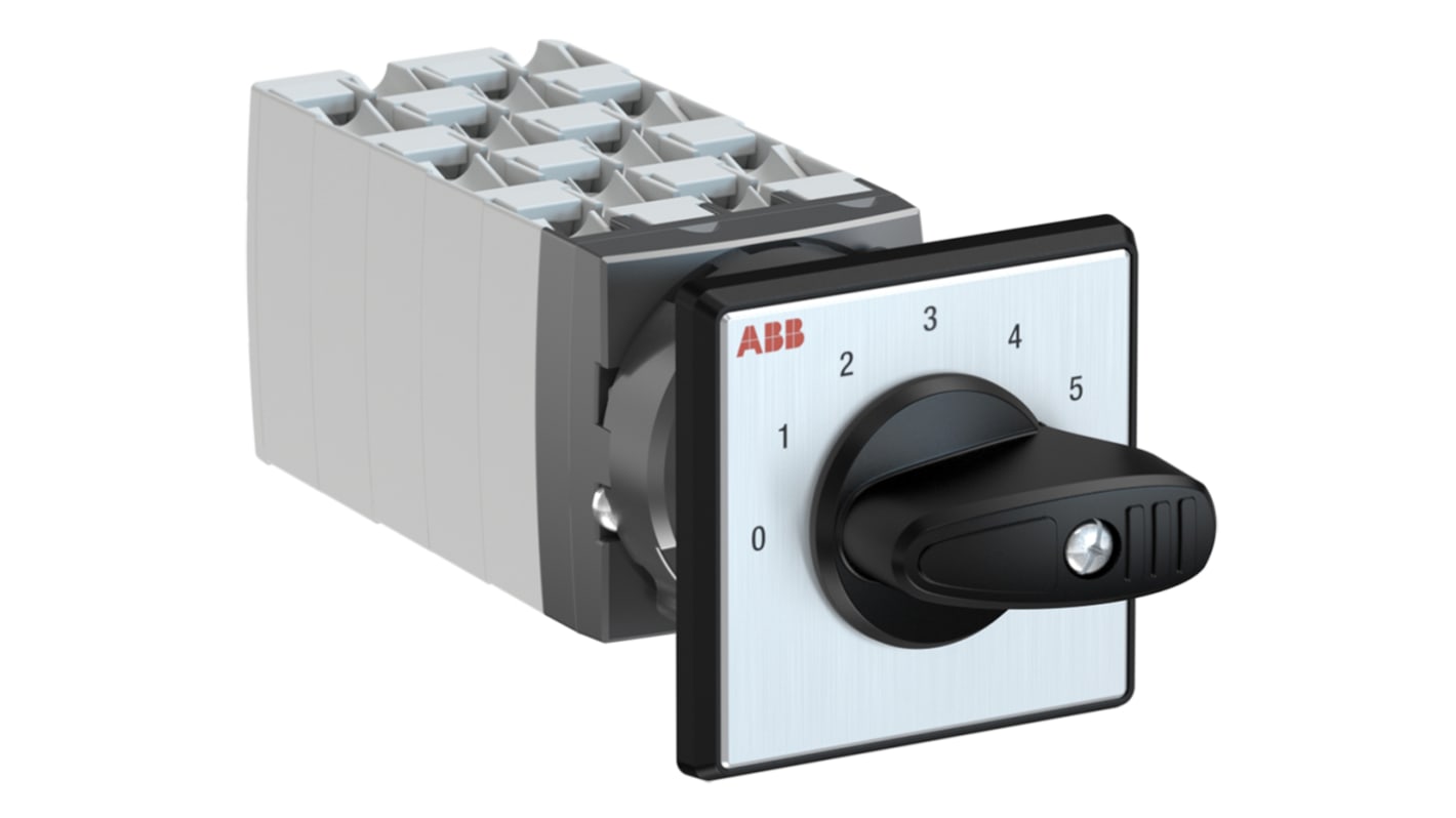 Interruttore a camma DPST ABB, 6 posizioni, corrente 25A, dimensioni 51 x 51 x 95 mm, montaggio orizzontale o verticale.