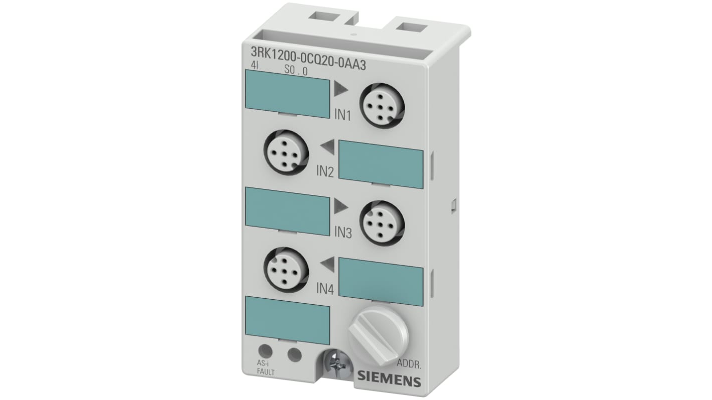 Adattatore AS-I Siemens 3RK1200-0CQ20-0AA3, modulo con 4 ingressi, connettori M12, dimensioni 80 x 45 x 35 mm.