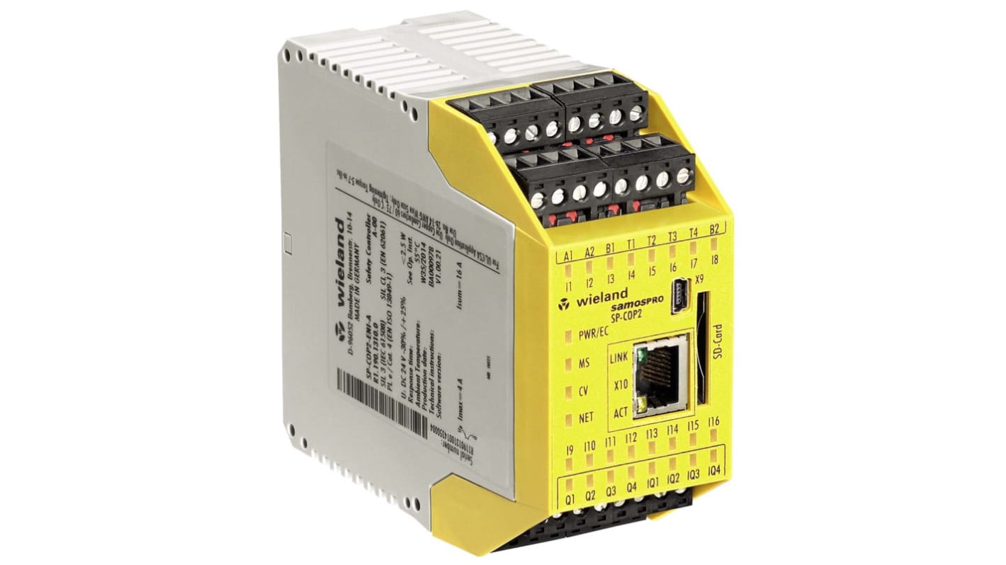 Wieland R1.190.1210.0, controller di sicurezza SP-COP, 24 I/O, 16 ingressi sicuri, dimensioni 45 x 96 x 115 mm, grado di protezione IP20.