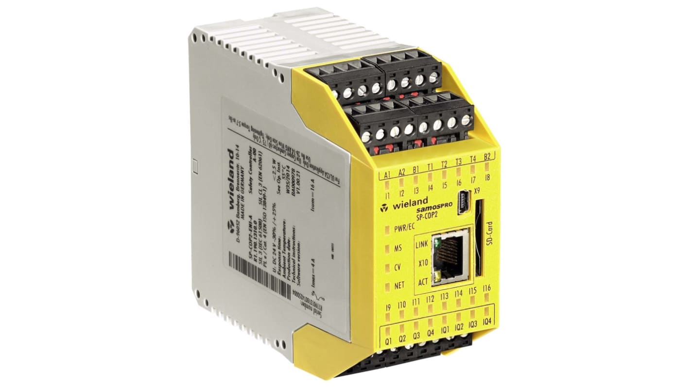 Controller di sicurezza Wieland R1.190.1310.0, 24 I/O, 16 ingressi sicuri, dimensioni 45 x 96 x 115 mm, grado di protezione IP20.