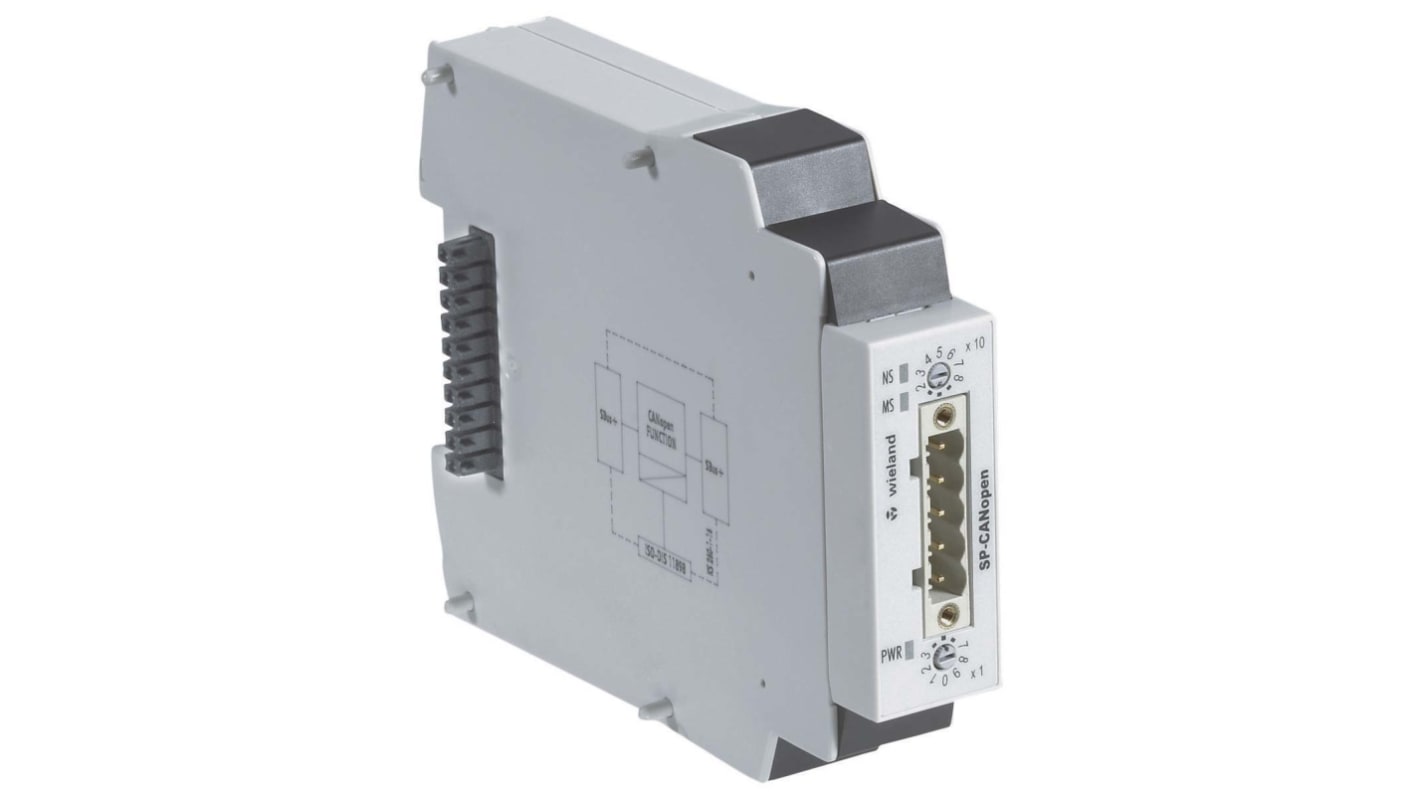 Modulo di comunicazione Wieland R1.190.0210.0 per controllo di sicurezza, 24 V c.c., montaggio su guida DIN, dimensioni 22,5 x 96,5 x 121 mm.