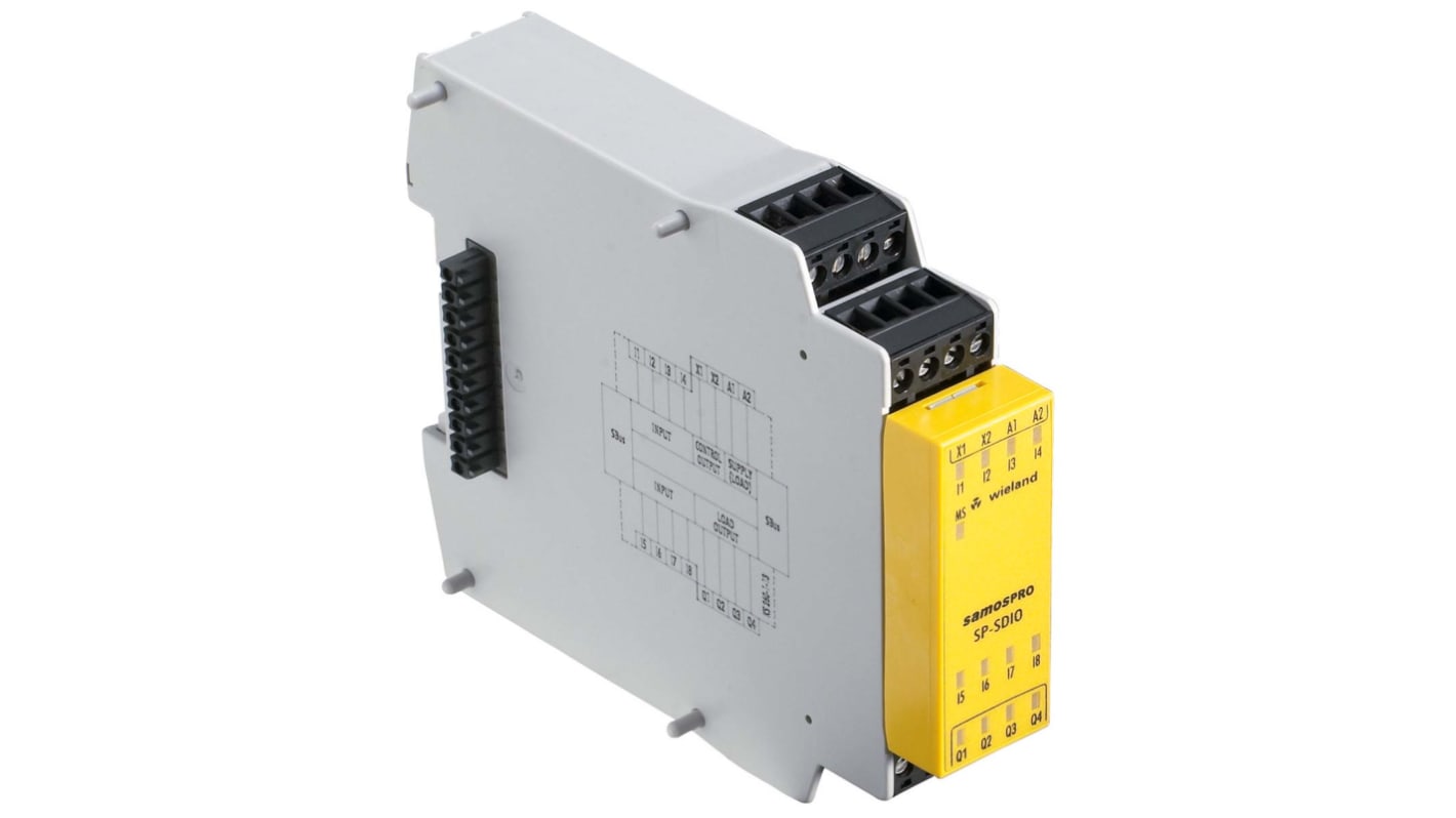 Modulo I/O Wieland R1.190.0030.0 per guida DIN, 24 V c.c., 8 ingressi e 4 uscite sicure, dimensioni 22,5 x 96,5 x 121 mm.