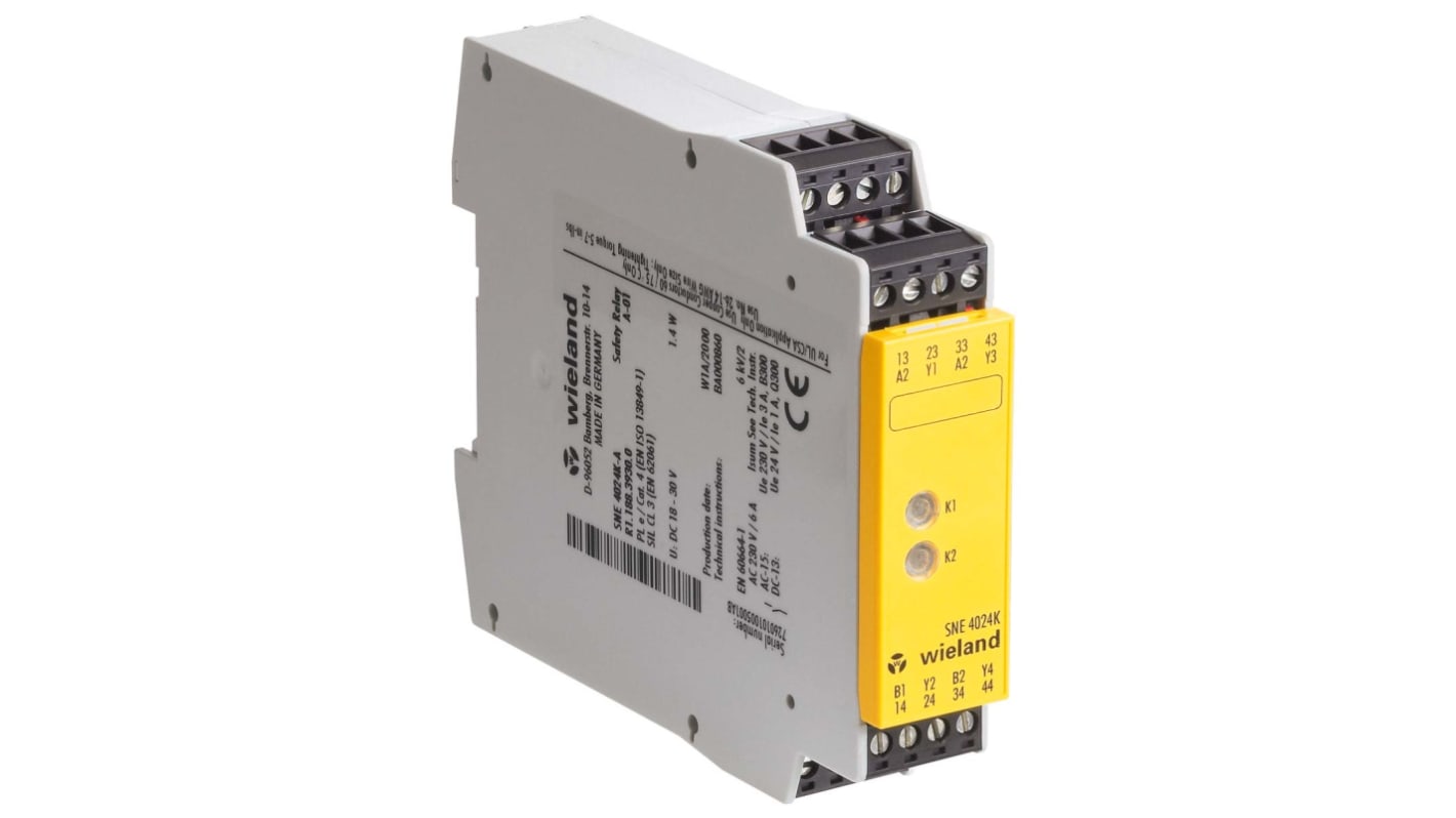 Modulo d'uscita Wieland R1.188.3930.0 safeRELAY SNE, 4 uscite, montaggio su guida DIN, dimensioni 22,5 x 96,5 x 114 mm.