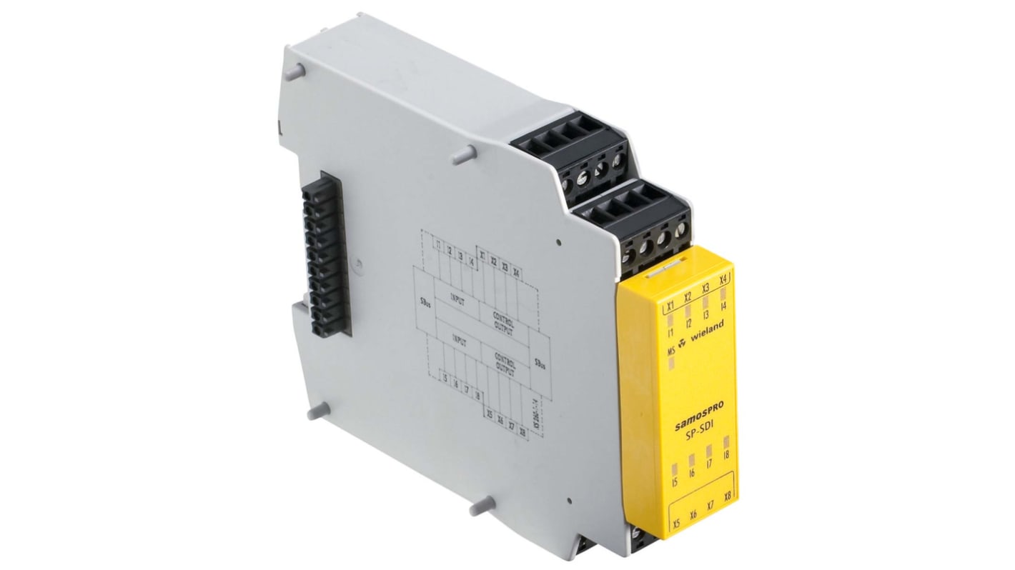 Modulo di ingresso Wieland R1.190.0050.0 per guida DIN, 8 ingressi sicuri, 2 uscite, dimensioni 22,5 x 96,5 x 121 mm.