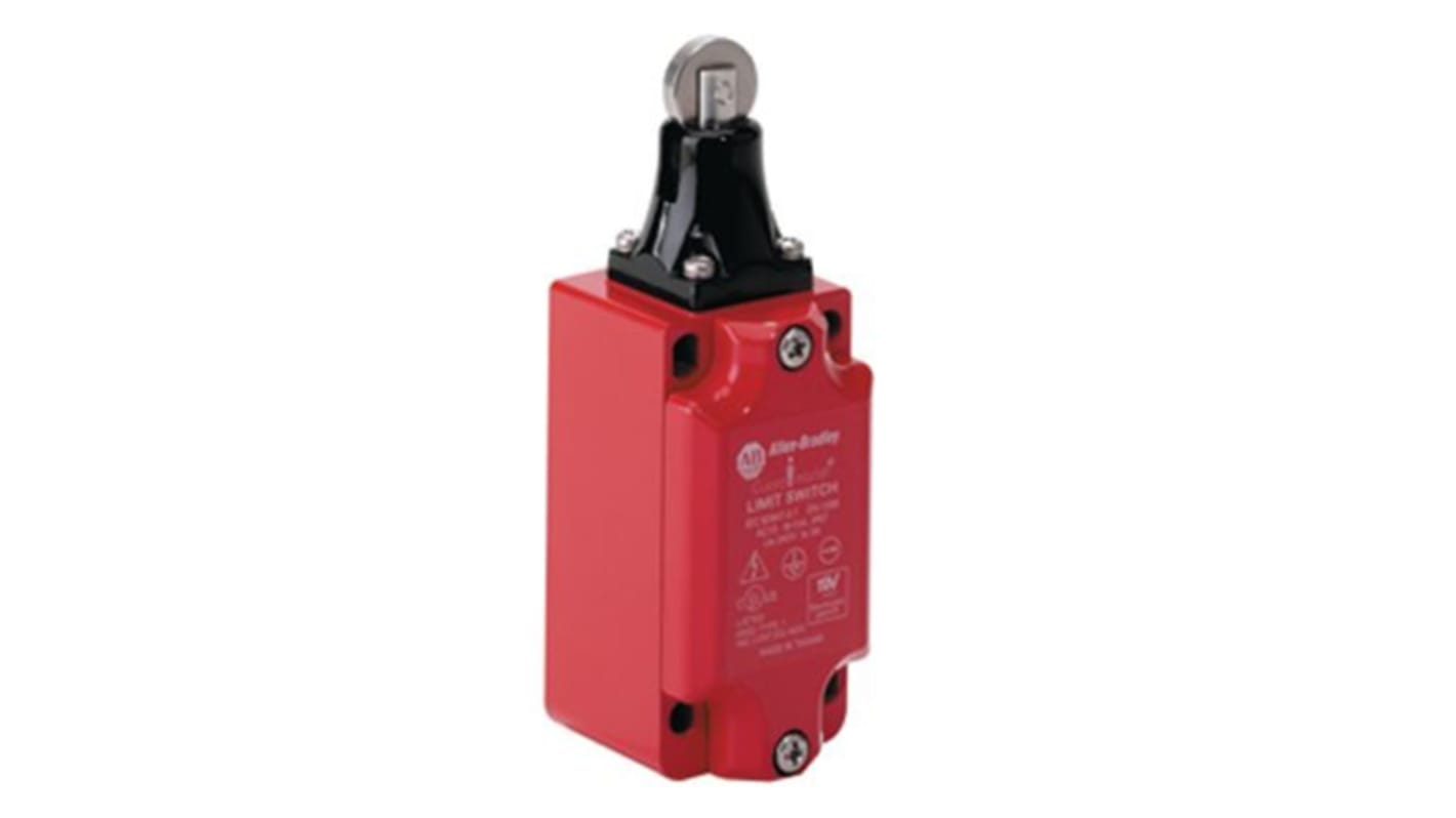 Allen Bradley Guardmaster 440P-MRPB13B, interruttore di fine corsa di sicurezza IP66, tasto a rotella NO/NC, dimensioni 118mm x 40mm x 43mm.