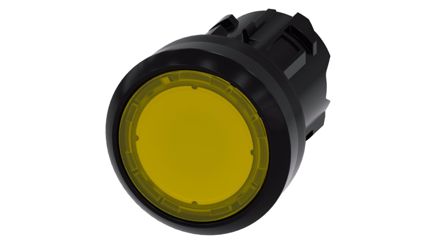 Attuatore pulsante Siemens 3SU1001-0AB30-0AA0 giallo, plastica 22mm, IP69K. Ideale per ambienti estremi. Automantenimento e design antirotazione.