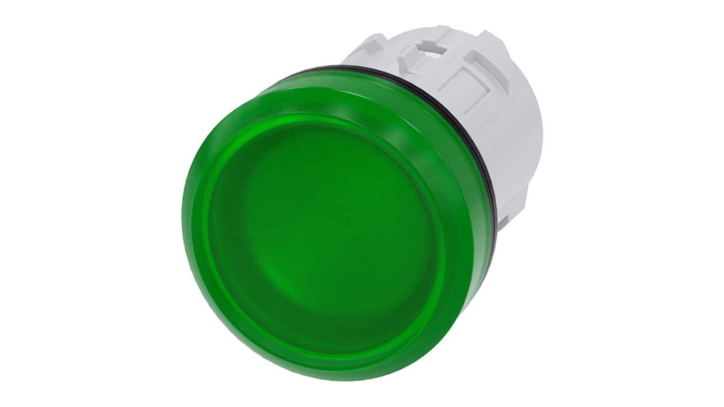 Spia luminosa verde 22mm Siemens 3SU1001-6AA40-0AA0 per montaggio a pannello, IP69K, design antirotazione. Ideale per ambienti estremi.