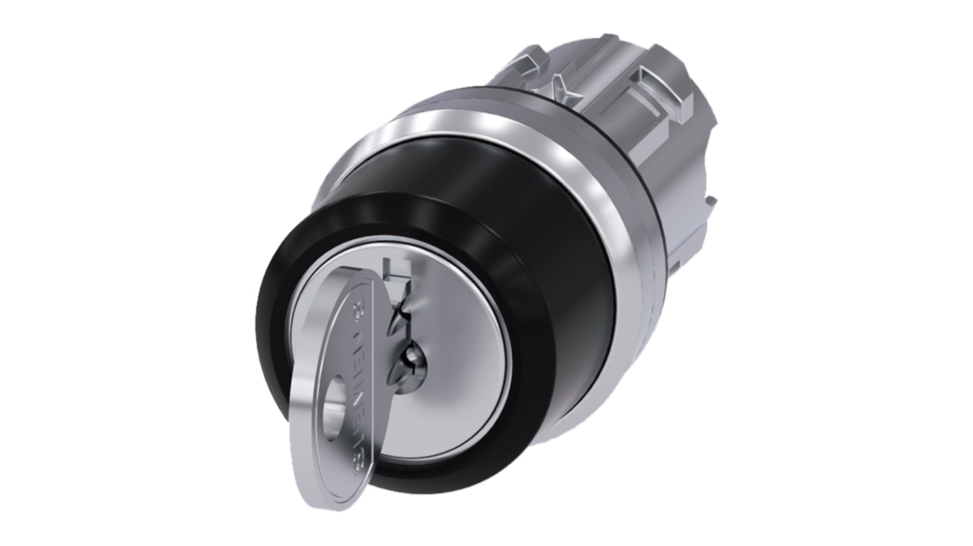 Testa selettore Siemens 3SU1050-4BL11-0AA0: 3 posizioni, metallo lucido, IP69K, automantenimento, protezione antirotazione.