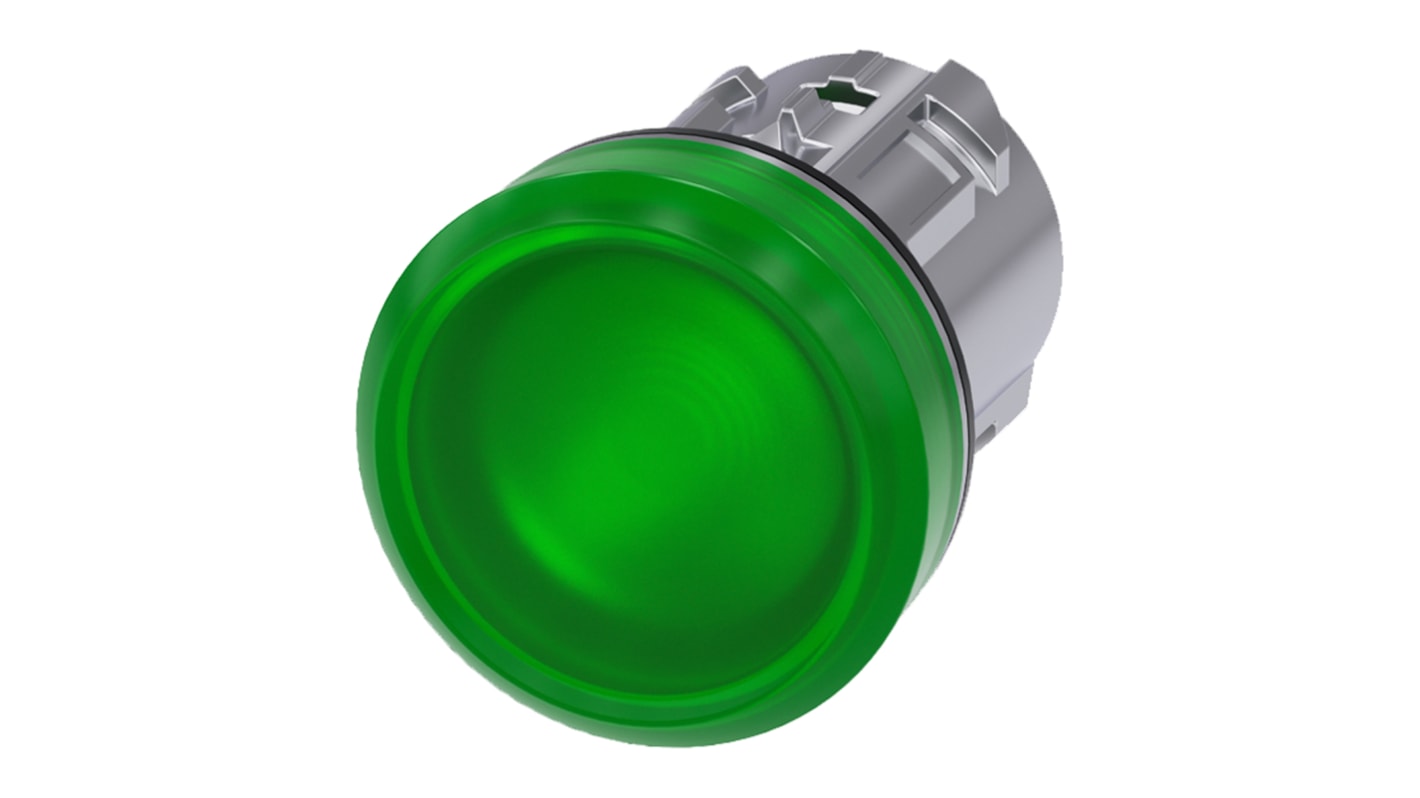 Testa spia Siemens SIRIUS ACT 3SU1051-6AA40-0AA0, verde, IP69K, montaggio a pannello 22mm in metallo. LED integrato, ideale per ambienti estremi.