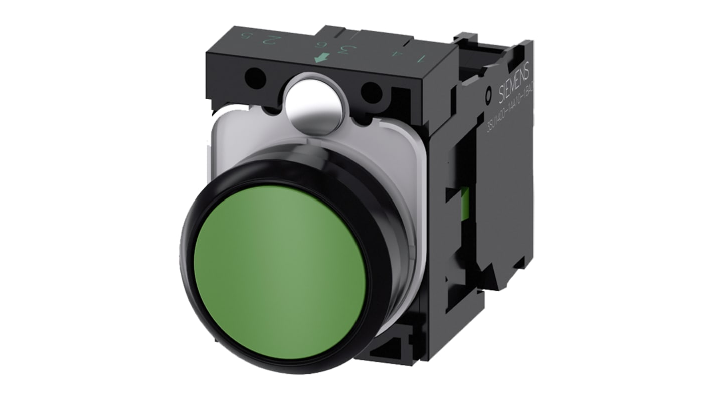 Pulsante industriale Siemens 3SU1100-0AB40-1BA0, diametro 22mm, plastica resistente IP69K, verde non illuminato. Conforme agli standard IEC 60947.