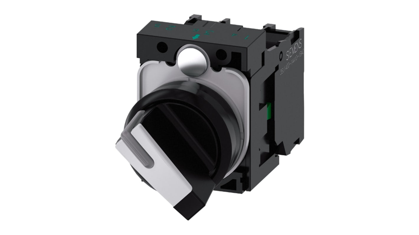 Selettore Siemens 3SU1100-2BF60-1MA0 22mm in plastica IP69K, 2 posizioni, SPDT, 10A, SIRIUS ACT. Ideale per ambienti estremi. Compatibile con PROFINET e IO-Link.