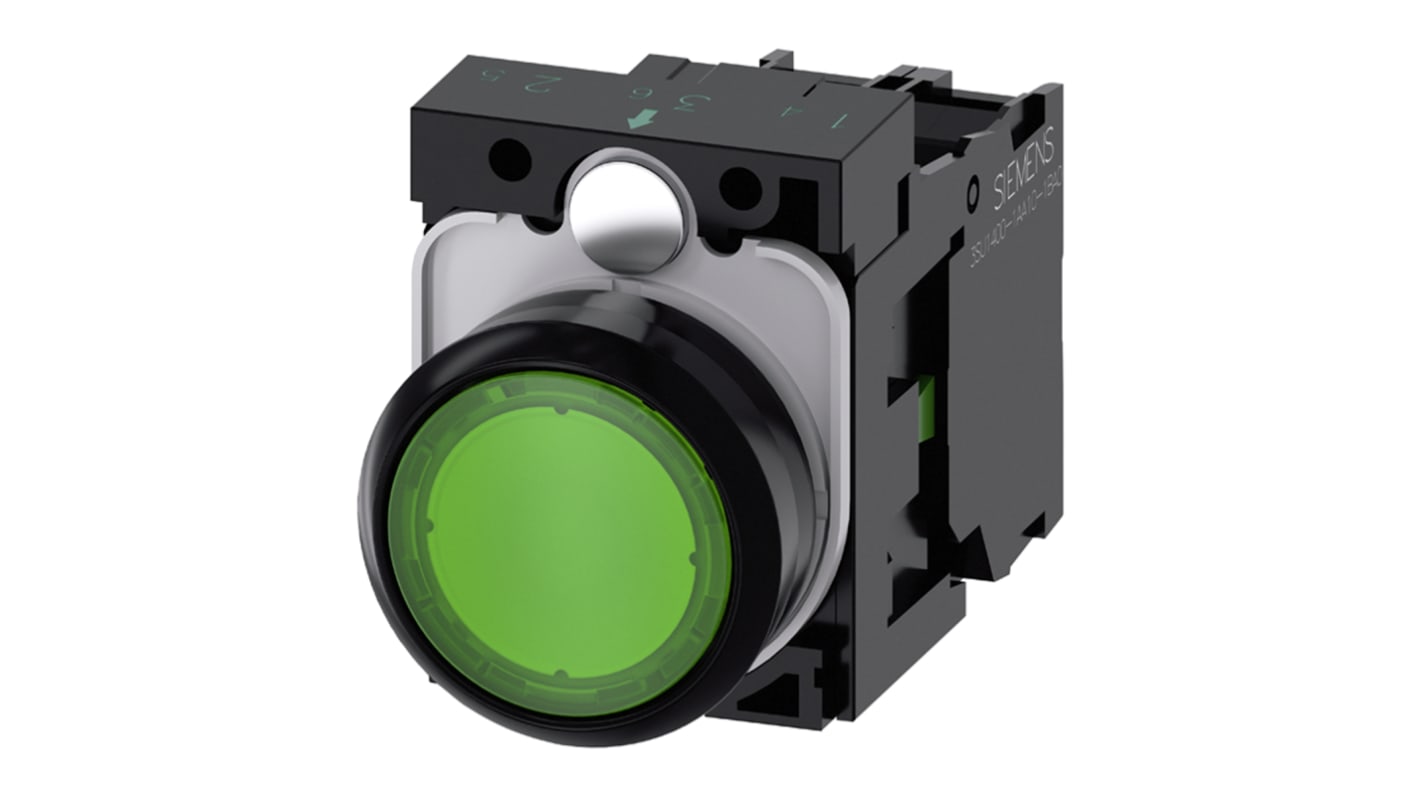 Pulsante luminoso Siemens 3SU1102-0AB40-1BA0, 10A, IP69K, montaggio a pannello. Resistente e ideale per uso industriale.