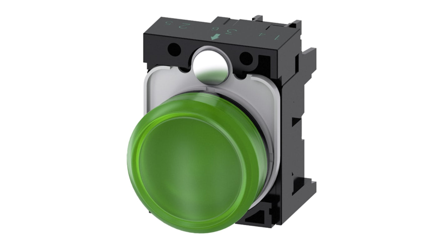 Spia completa Siemens 3SU1102-6AA40-1AA0 LED da 22mm, plastica resistente IP69K, montaggio a pannello, verde, 24V ca/cc. Ideale per ambienti estremi.