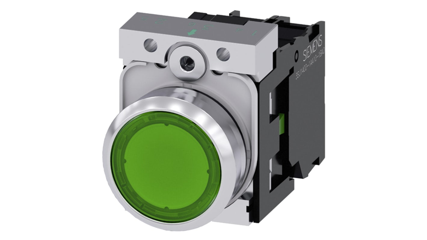 Pulsante Siemens 3SU1152-0AB40-1BA0, Momentaneo, LED luminoso, IP69K, Resistente, Compatta, 10A, 500V.