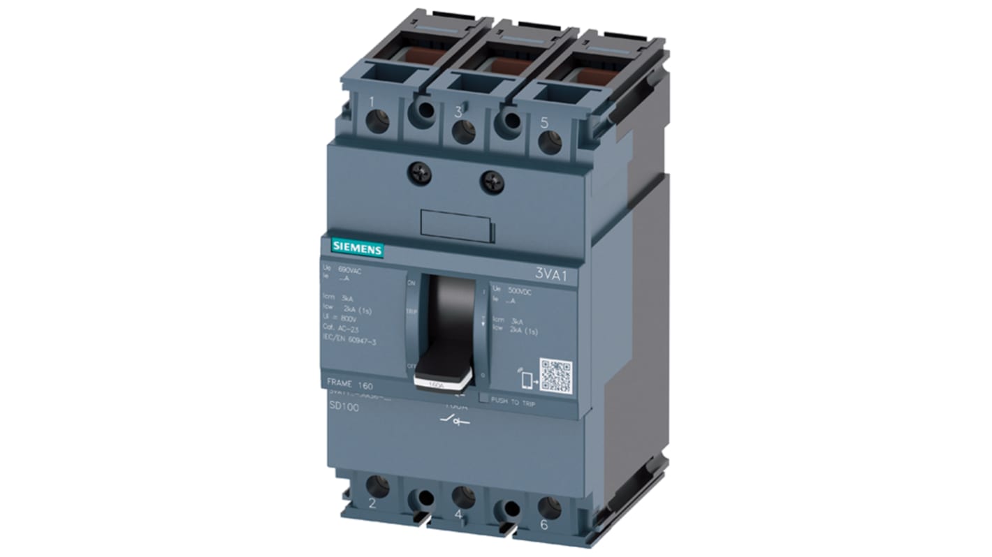 Interruttore di isolamento Siemens 3VA, 3 poli, 125A, IP40, 500V DC, 690V AC, dimensioni 76.2x130x88mm, maniglia nera.