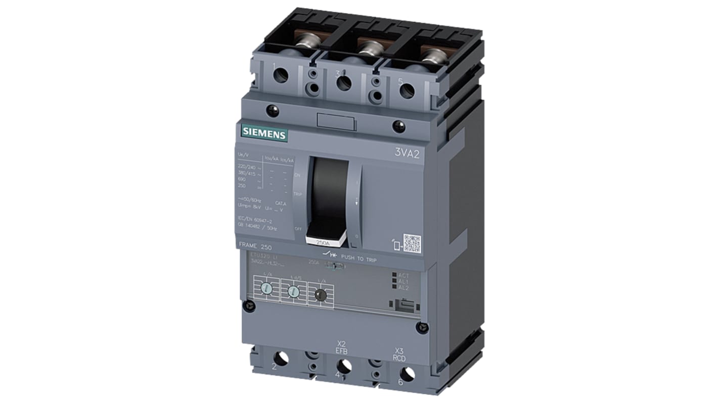 Interruttore magnetotermico scatolato Siemens 3VA2225-5HL32-0AA0, 3 poli, 250A, 690V, montaggio fisso, dimensioni 105x181x107mm.