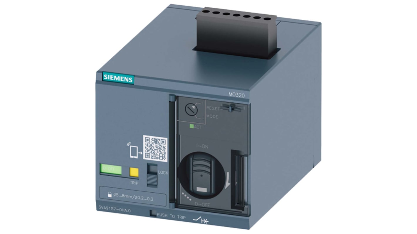 Operatore motore Siemens 3VA9157-0HA20 per interruttori 3VA1, attivabile da pulsante o PLC, con indicatore LED.