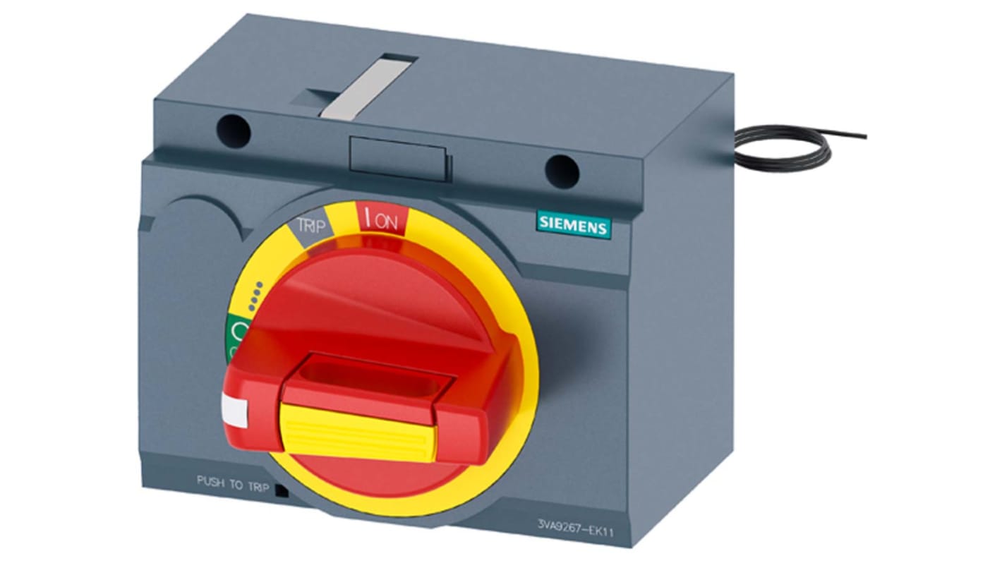 Manopola rotante Siemens 3VA9267-0EK17 per arresto d'emergenza, compatibile con 3VA2, montaggio frontale e laterale.