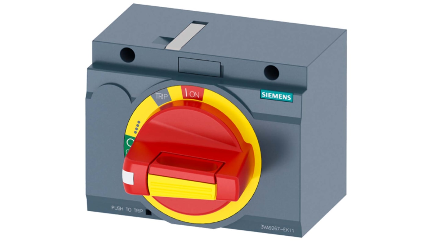 Manopola rotante Siemens 3VA9267-0EK15 per arresto d'emergenza, compatibile con 3VA2, montaggio frontale e laterale.