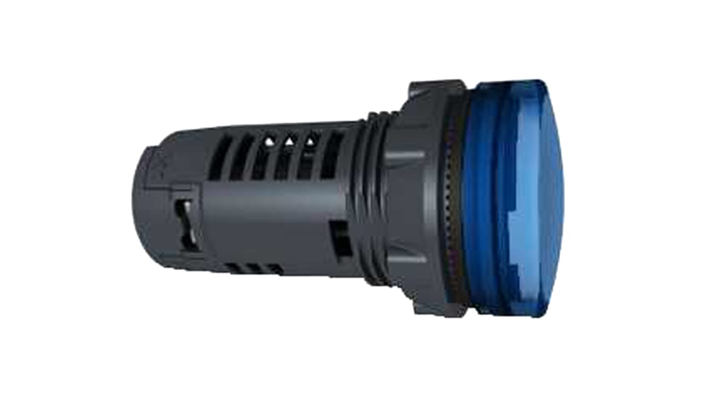 Luce pilota LED blu Schneider Electric XB5EVM6, montaggio a pannello 22 mm, protezione IP66, tensione 230 V, corrente 14 mA.