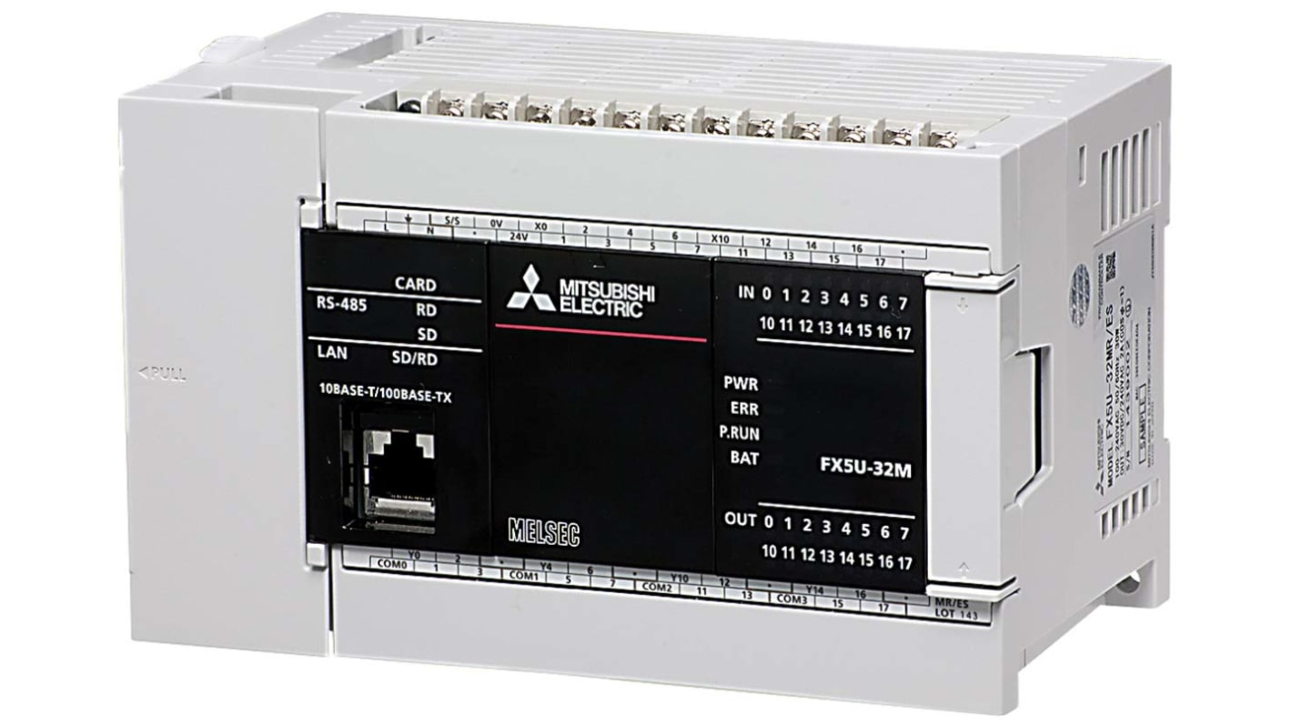 Mitsubishi Electric FX5U-32MT/ESS, CPU PLC con 32 I/O, montaggio a pannello, dimensioni 150 x 90 x 83 mm.
