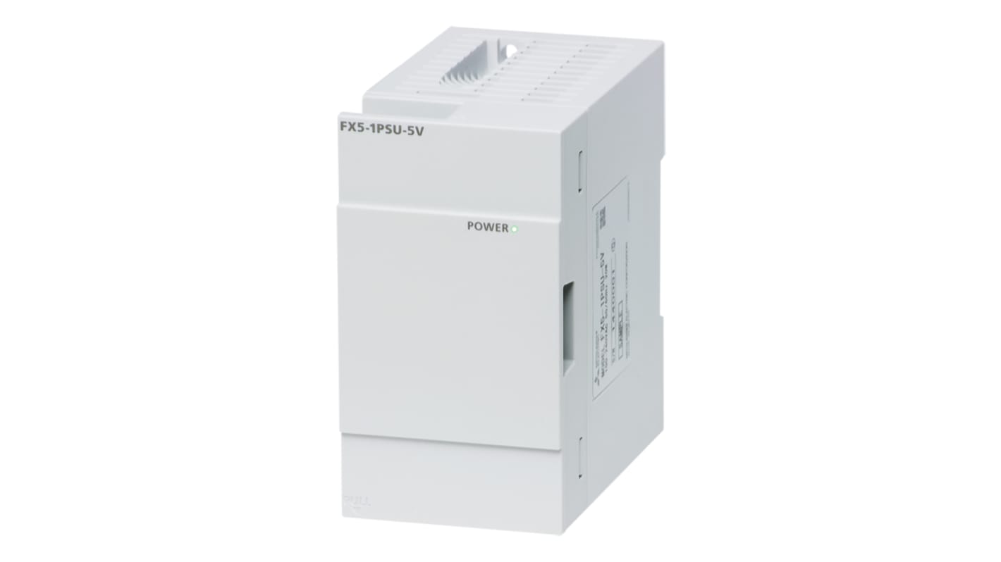 Alimentatore PLC Mitsubishi Electric FX5-1PSU-5V, uscita 5 V a 1200 mA, dimensioni 50 x 90 x 83 mm, LED di stato.