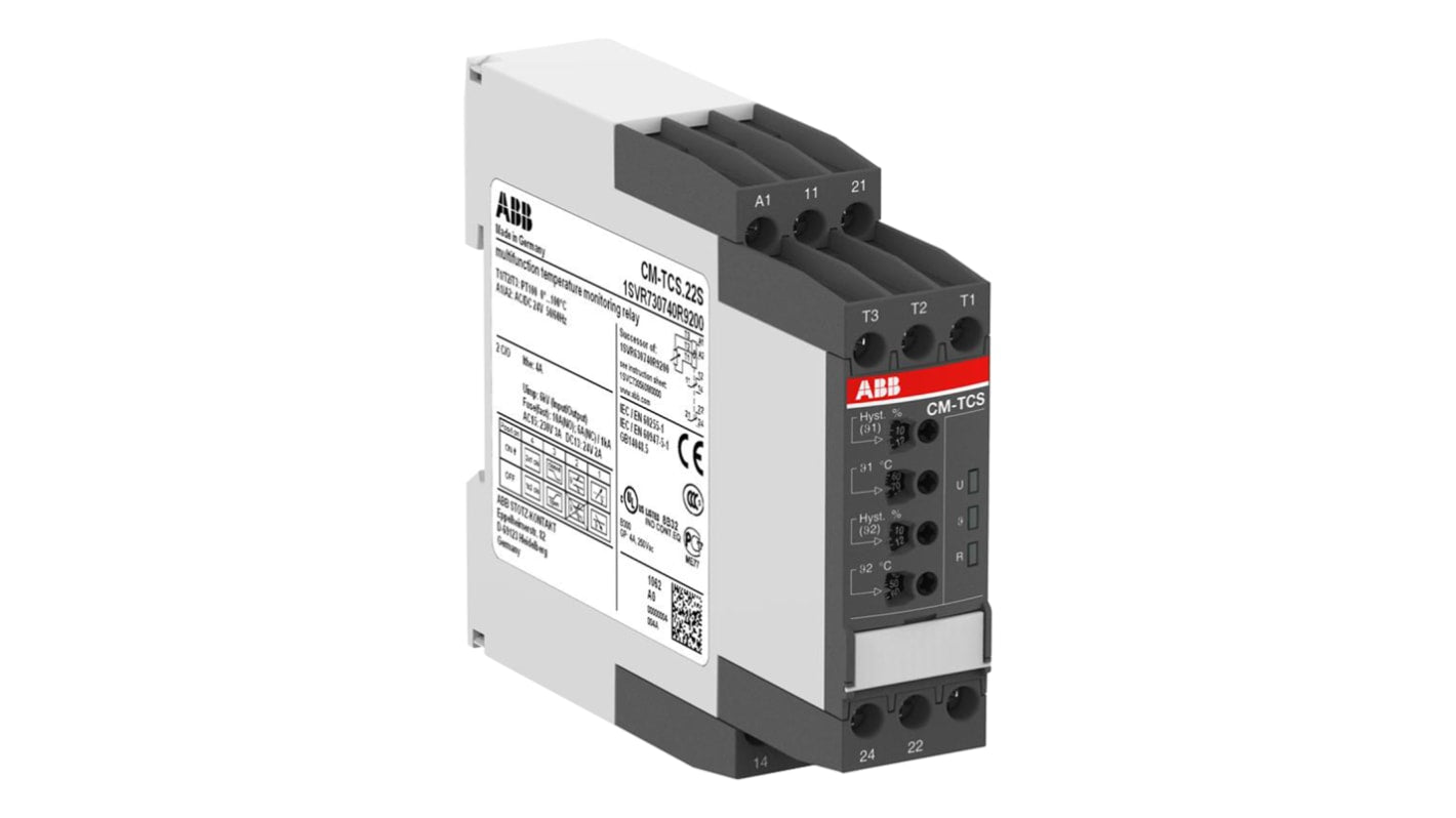 Relè di monitoraggio temperatura ABB CM-TCS, SPDT, per controllo termico, montaggio su guida DIN, dimensioni 103.7 x 22.5 x 85.6 mm.