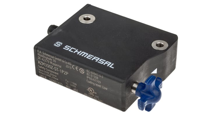 Interruttore di interblocco a solenoide Schmersal AZM300Z-ST-1P2P, 24V cc, custodia IP66/IP67/IP69K, dimensioni 85mm x 100mm x 35mm.