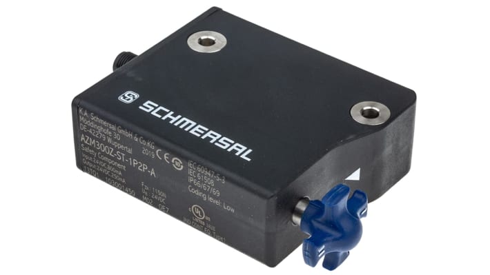 Interruttore di interblocco a solenoide Schmersal AZM300Z-ST-1P2P-A, 24V cc, protezione IP66/IP67/IP69K, dimensioni 85x100x35 mm.