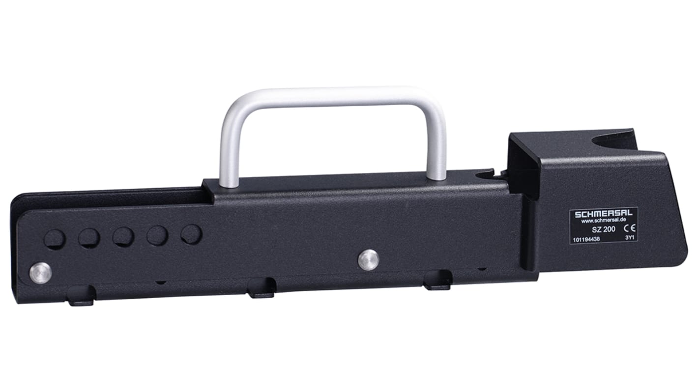 Schmersal SZ200, dispositivo di blocco a solenoide con lunghezza regolabile da 281 a 331 mm, adatto per montaggio interno ed esterno.
