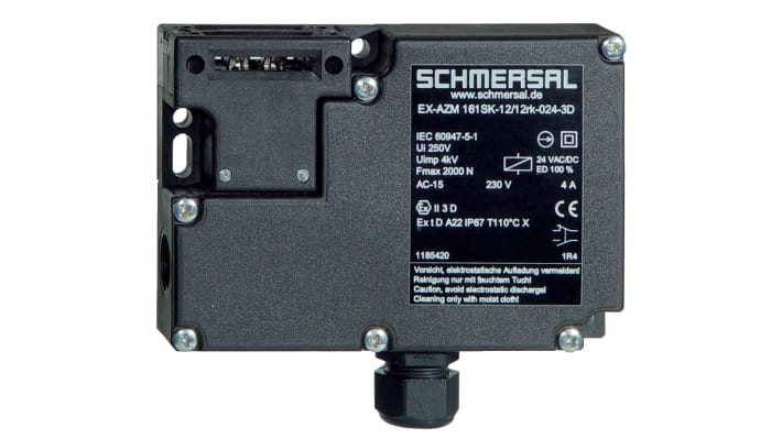 Interruttore di interblocco a solenoide Schmersal EX-AZM 161, 24V, IP67, con 4 contatti NC e 1 contatto NA/NC, dimensioni 130x114x30mm.