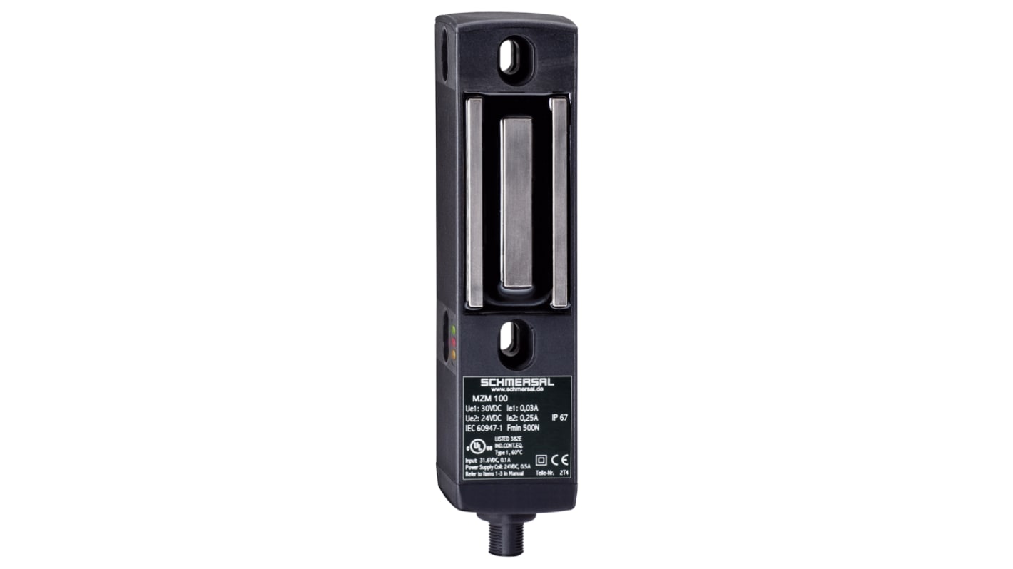 Interruttore di interblocco a solenoide Schmersal MZM 100, 24V cc, IP65/IP67, dimensioni 40 x 179 x 40 mm, 500 N di forza di tenuta.