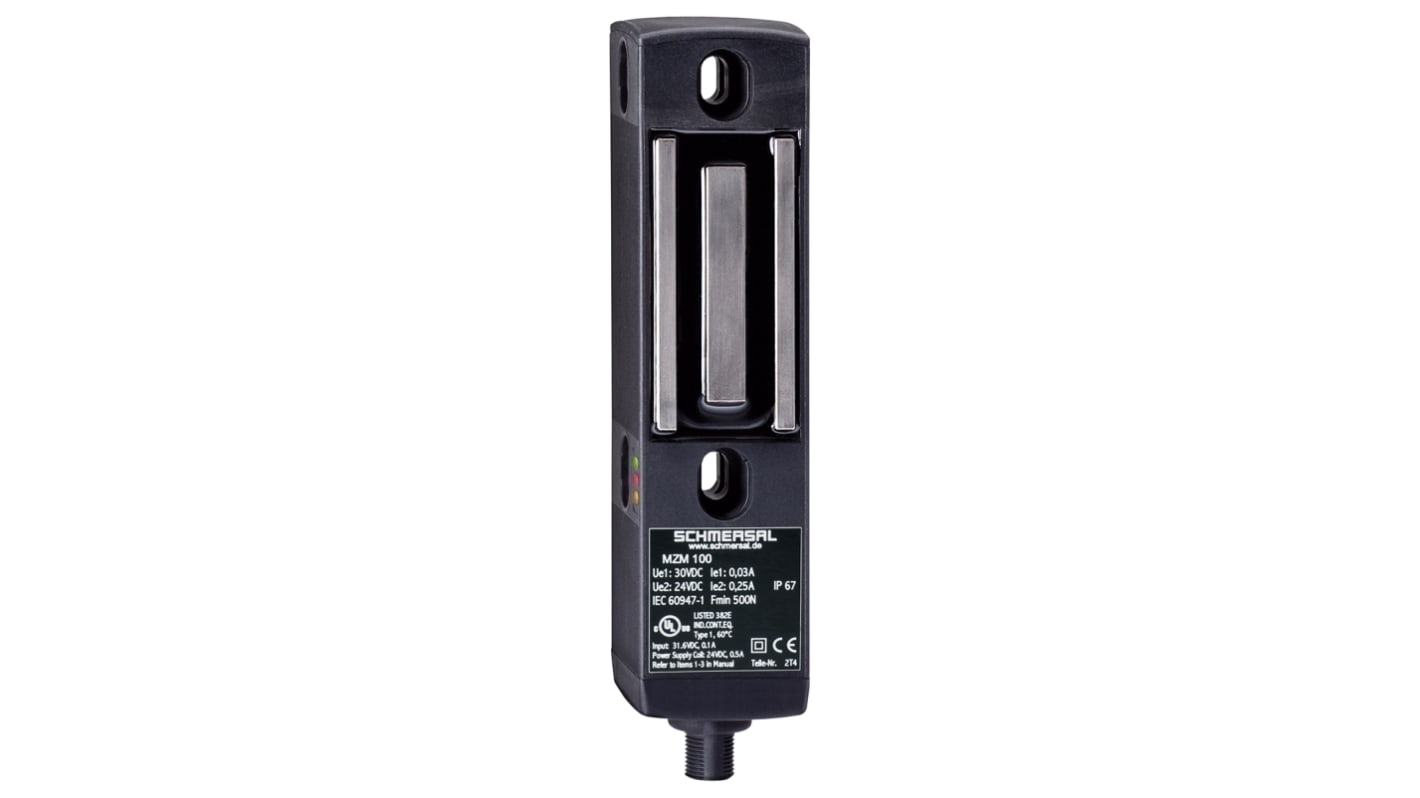 Interruttore di interblocco a solenoide Schmersal MZM 100, alimentazione 24V cc, dimensioni 40 x 40 x 179 mm, protezione IP65/IP67.