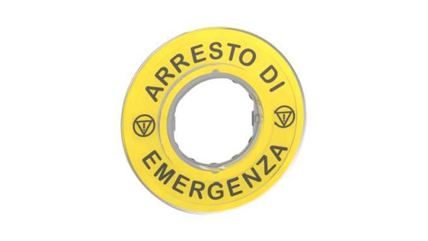 Piastra per legenda contrassegnata 3D Schneider Electric ZBY9620 per pulsanti di emergenza Harmony XB4/XB5 - Ideale per indicare l'arresto di emergenza.