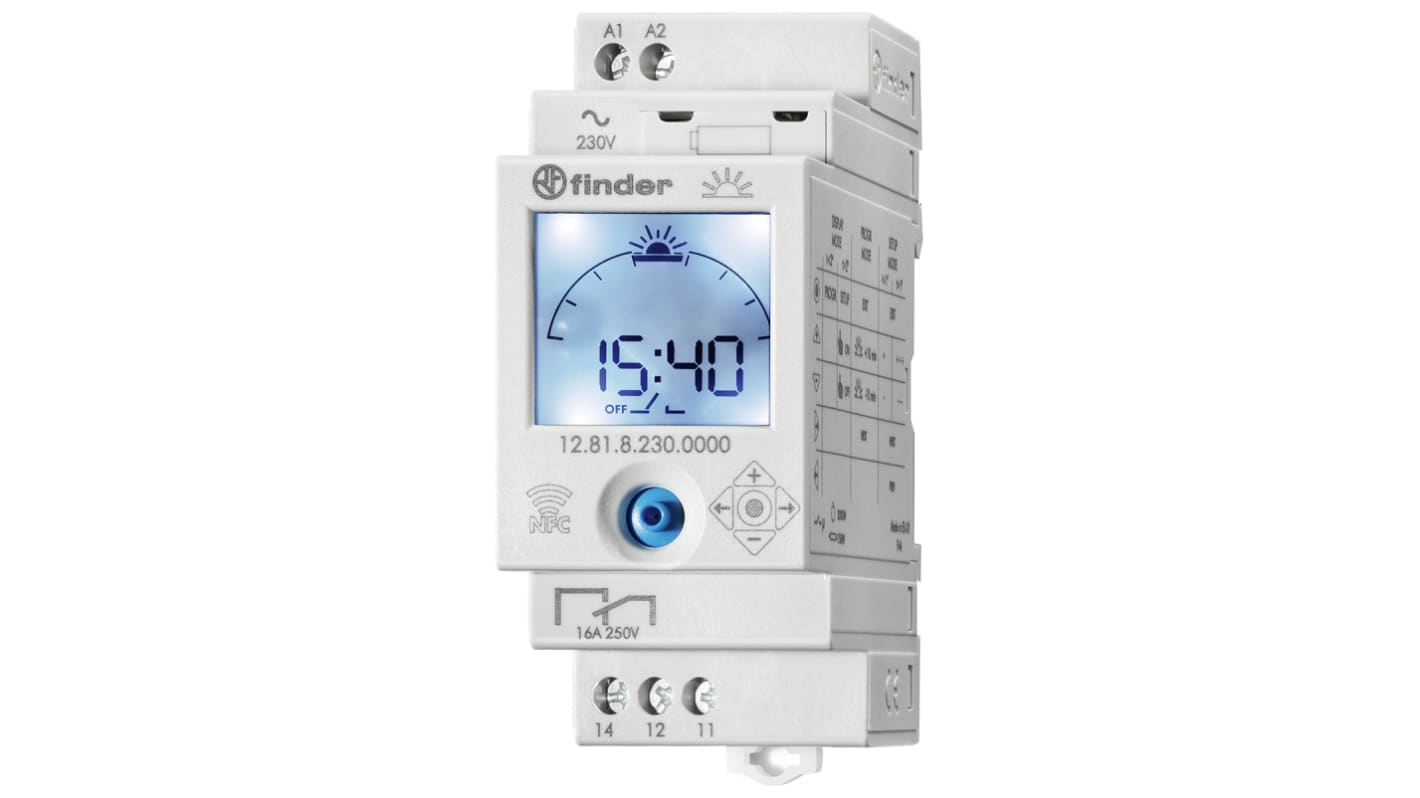Finder 12.81.8.230.0000 NFC, temporizzatore digitale per guida DIN, 1 canale, 110-230 V, programmazione settimanale, dimensioni 88.8 x 60.8 mm.